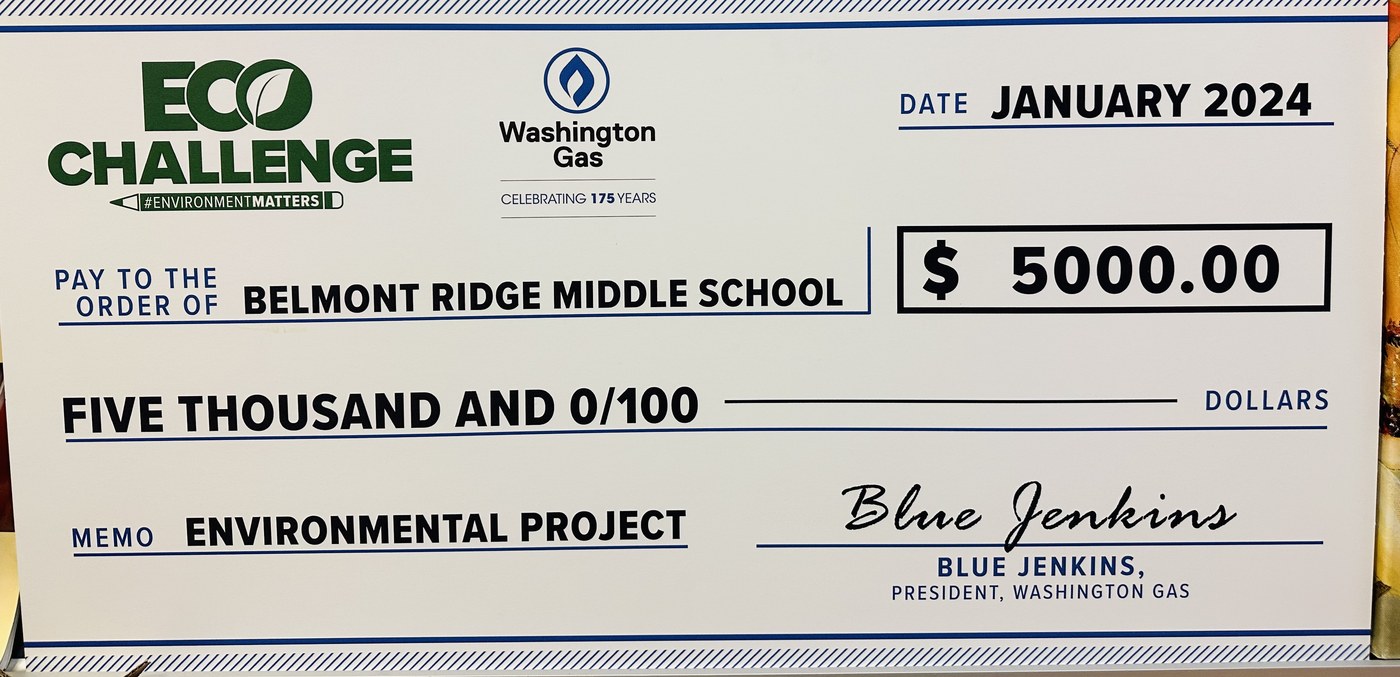 $5,000 WUSA9 Eco Challenge award check presented to Belmont Ridge Middle School