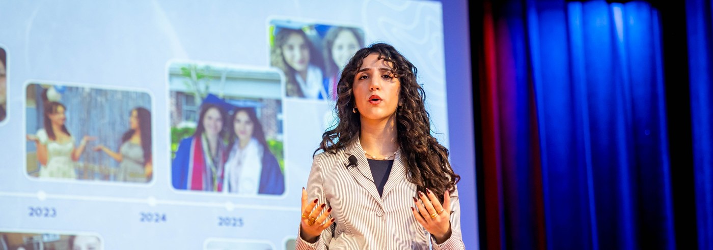 An Orblynx student presenting her TED-Ed Student Talk on stage